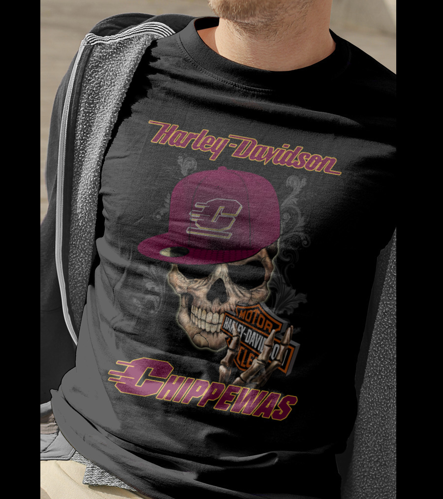 Harley Davidson Central Michigan Chippewas Skull With Cap T-Shirt