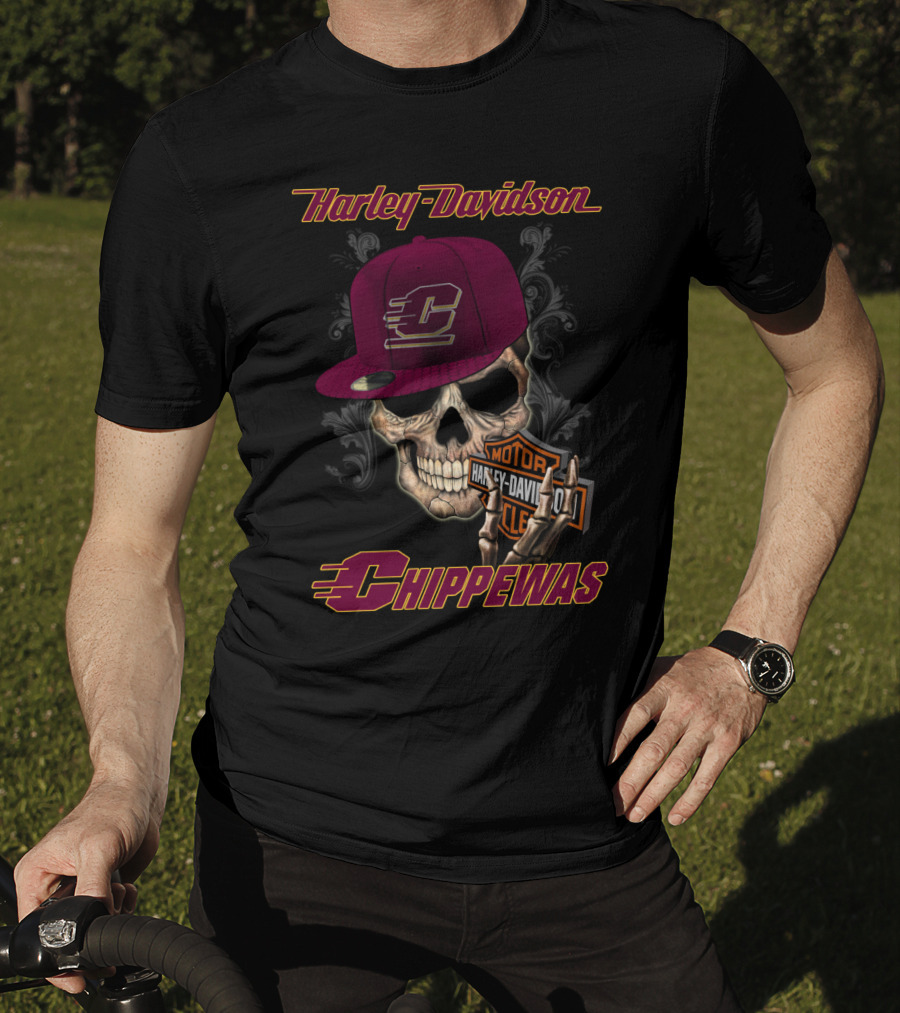 Harley Davidson Central Michigan Chippewas Skull With Cap T-Shirt