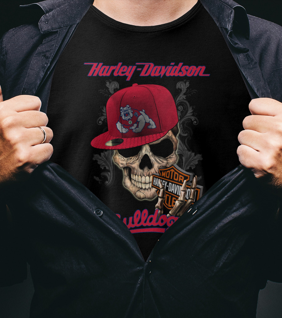 Harley Davidson Fresno State Bulldogs Skull With Cap T-Shirt