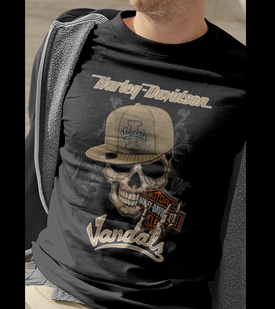 Harley Davidson Vandals Skull With Idaho Hat And Motor Badge T-Shirt