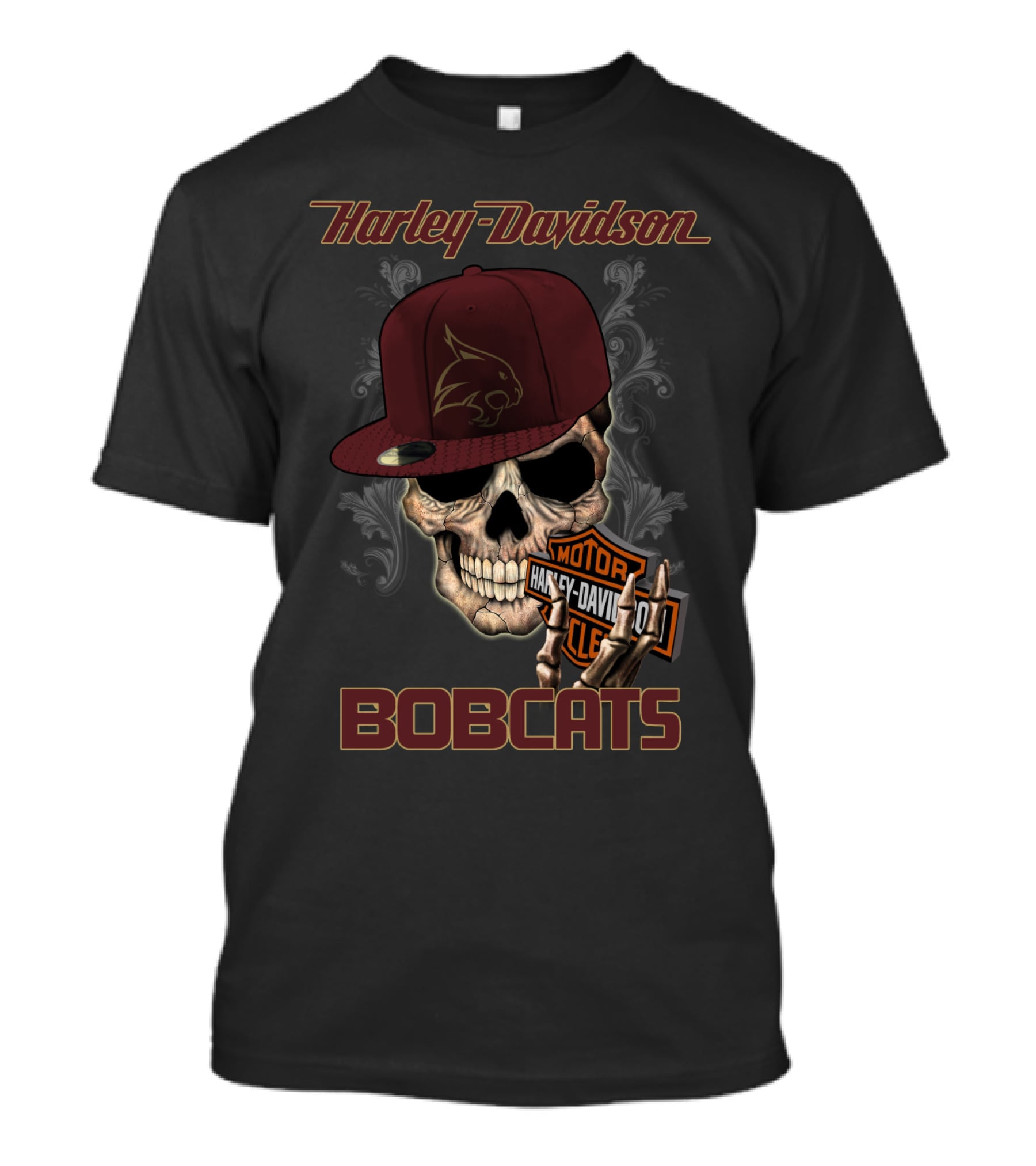 Harley Davidson Bobcats Skull With Texas State Emblem And Cap T-Shirt