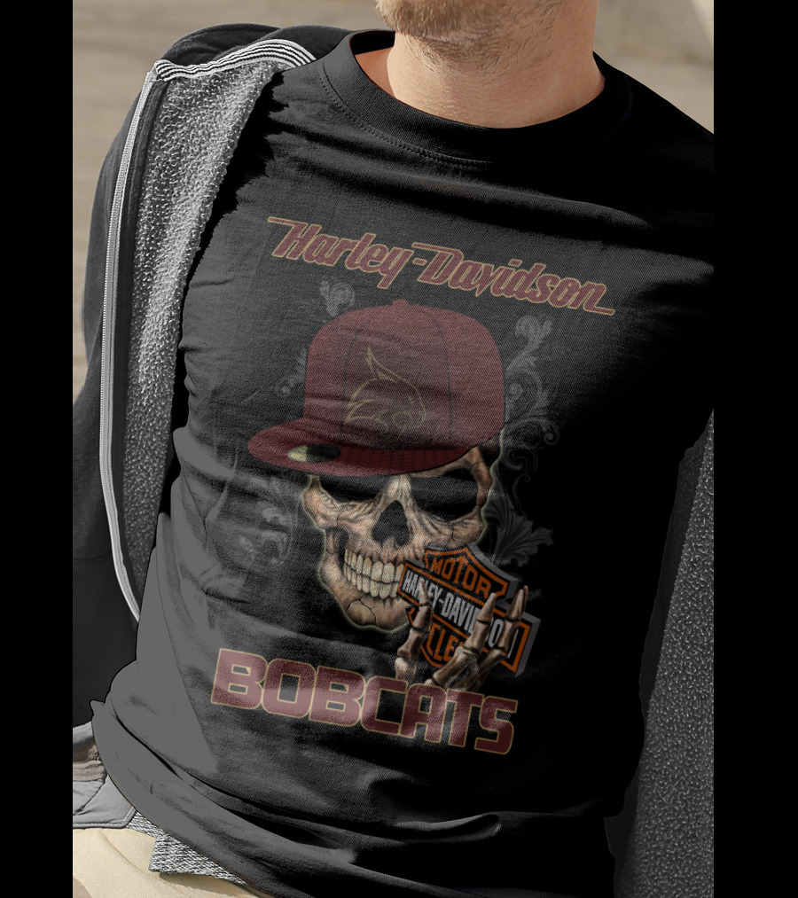 Harley Davidson Bobcats Skull With Texas State Emblem And Cap T-Shirt