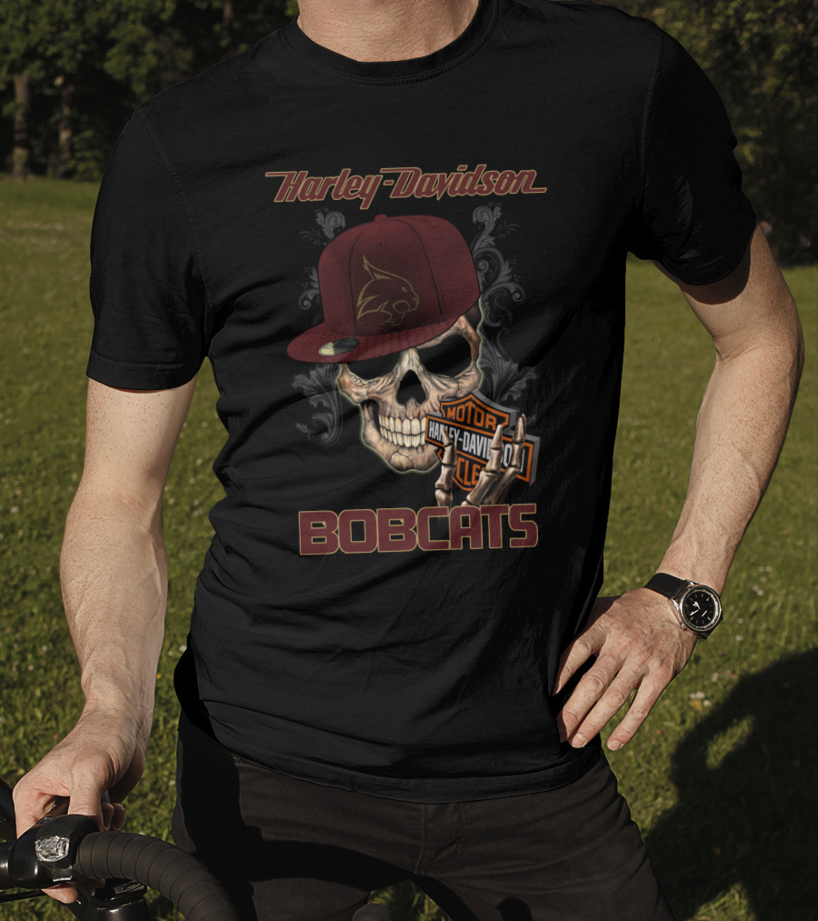 Harley Davidson Bobcats Skull With Texas State Emblem And Cap T-Shirt