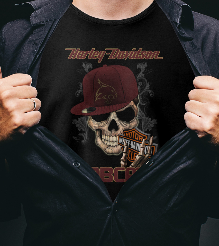 Harley Davidson Bobcats Skull With Texas State Emblem And Cap T-Shirt