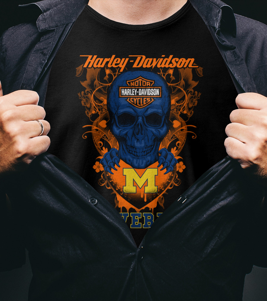 Harley Davidson Motor Cycles Skull Michigan Wolverines T-Shirt