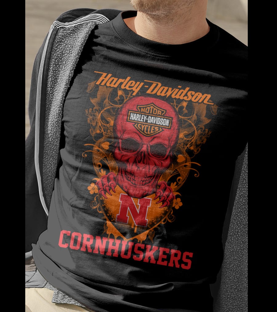 Harley Davidson Motor Cycles Nebraska Cornhuskers Skull T-Shirt