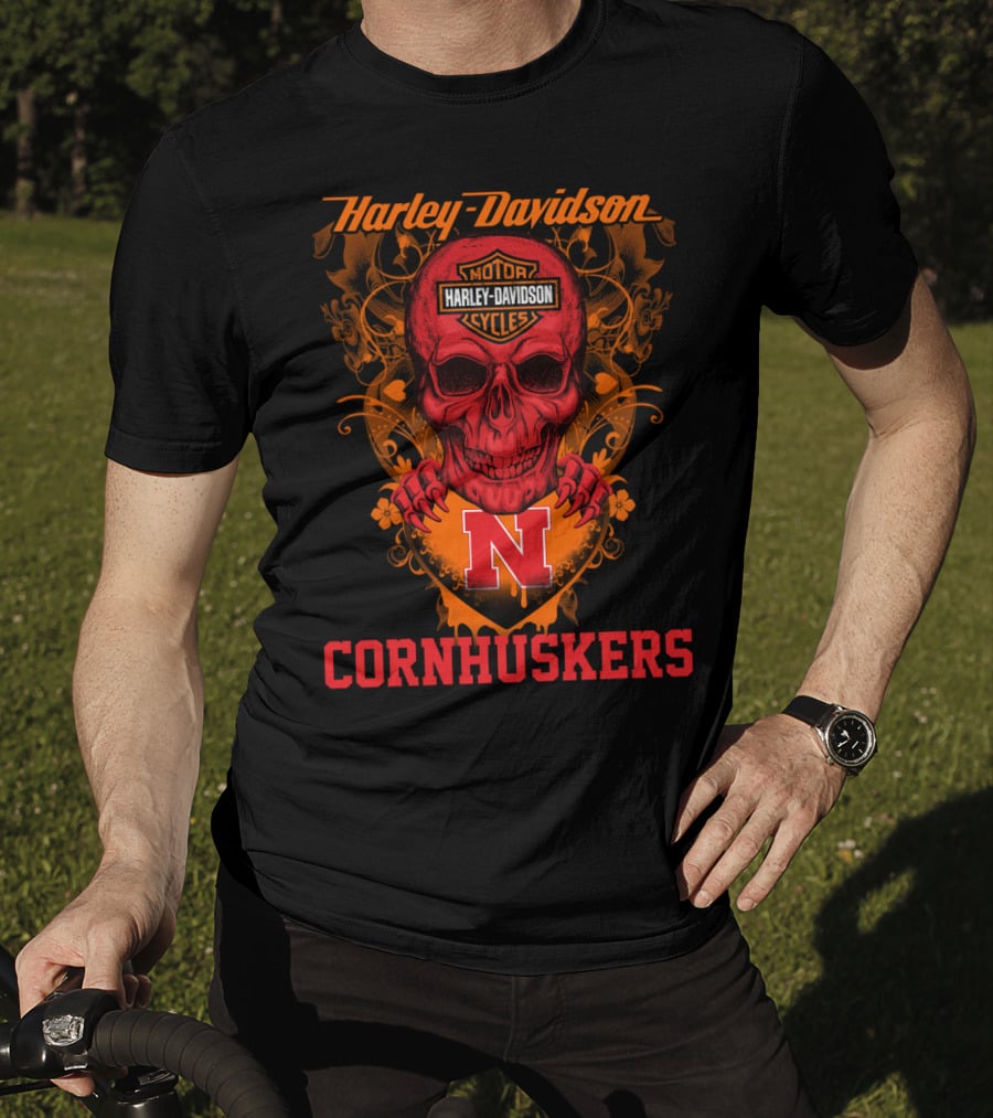 Harley Davidson Motor Cycles Nebraska Cornhuskers Skull T-Shirt