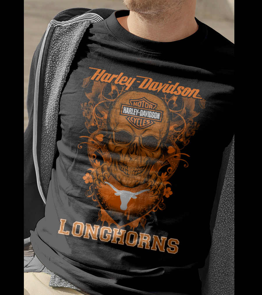 Harley Davidson Motor Cycles Skull Texas Longhorns T-Shirt