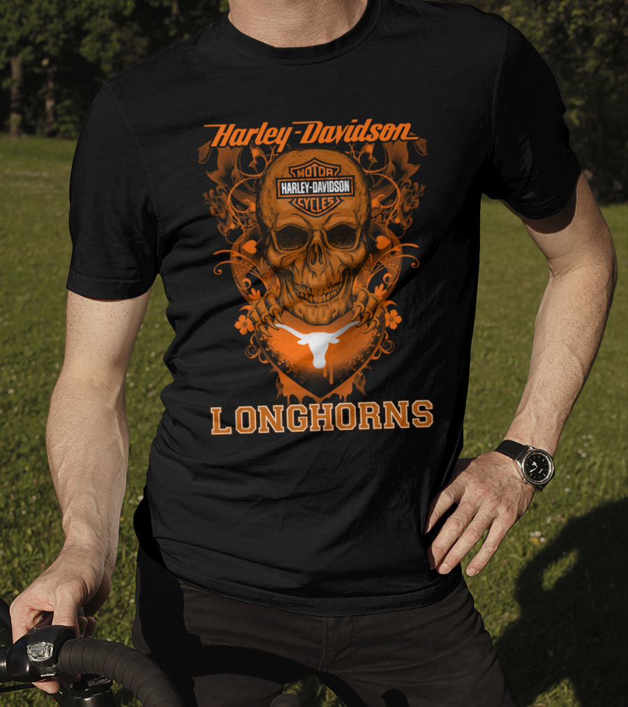 Harley Davidson Motor Cycles Skull Texas Longhorns T-Shirt