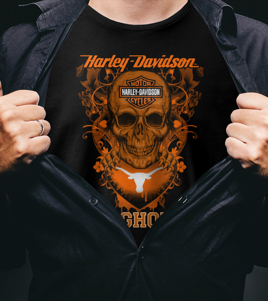 Harley Davidson Motor Cycles Skull Texas Longhorns T-Shirt