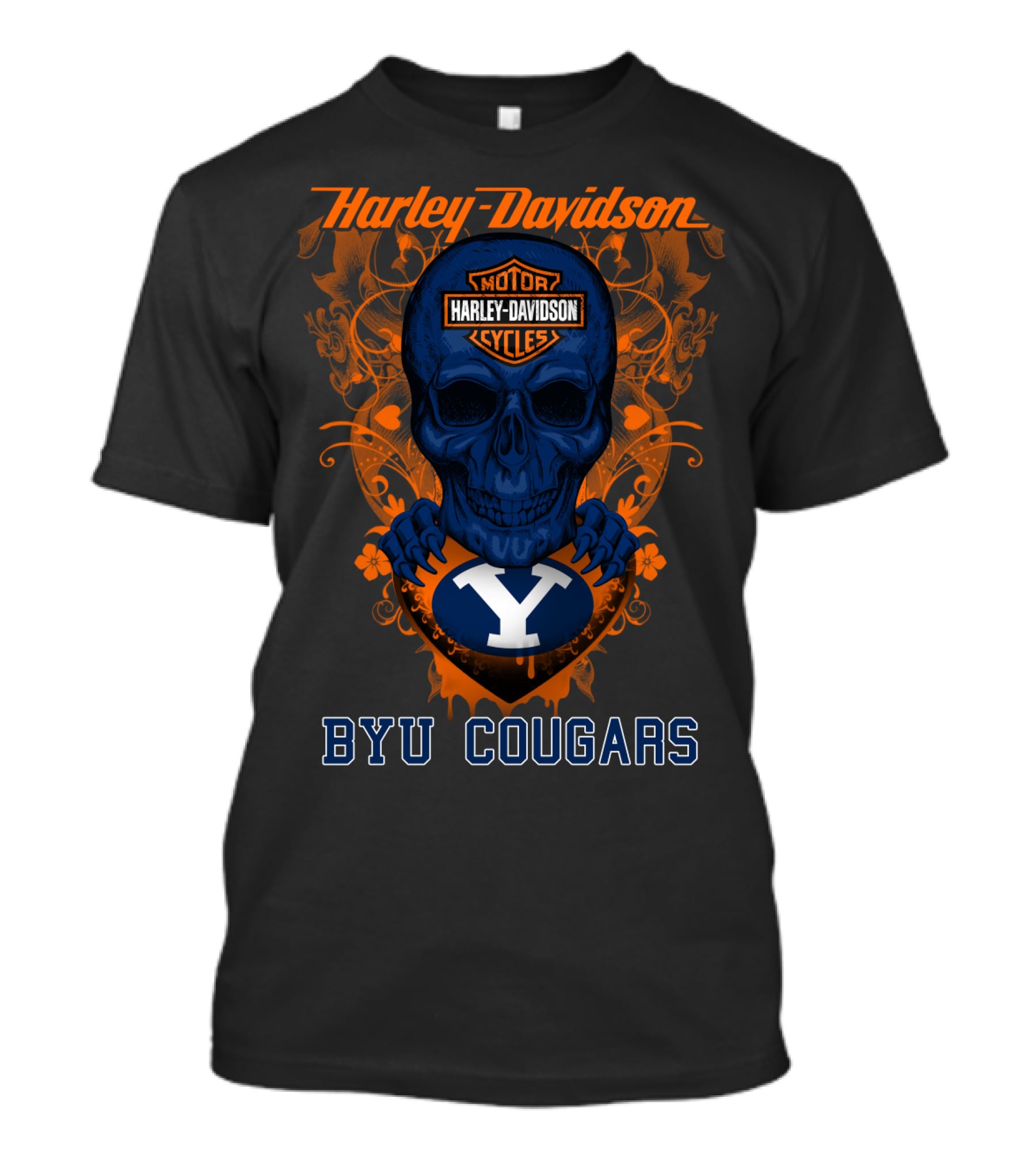 Harley Davidson Blue Skull With Byu Cougars T-Shirt
