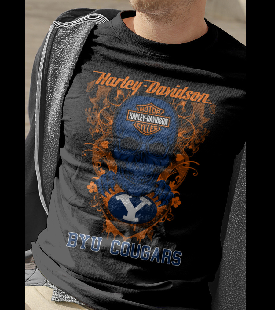 Harley Davidson Blue Skull With Byu Cougars T-Shirt