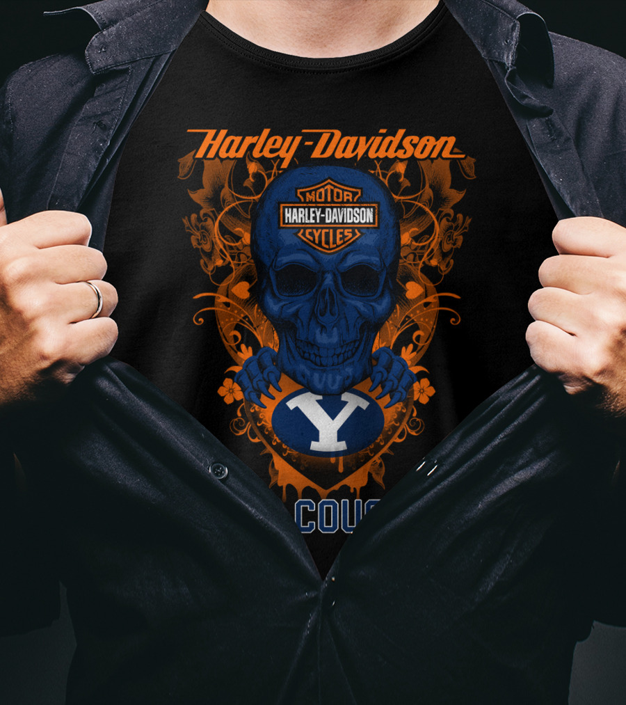 Harley Davidson Blue Skull With Byu Cougars T-Shirt