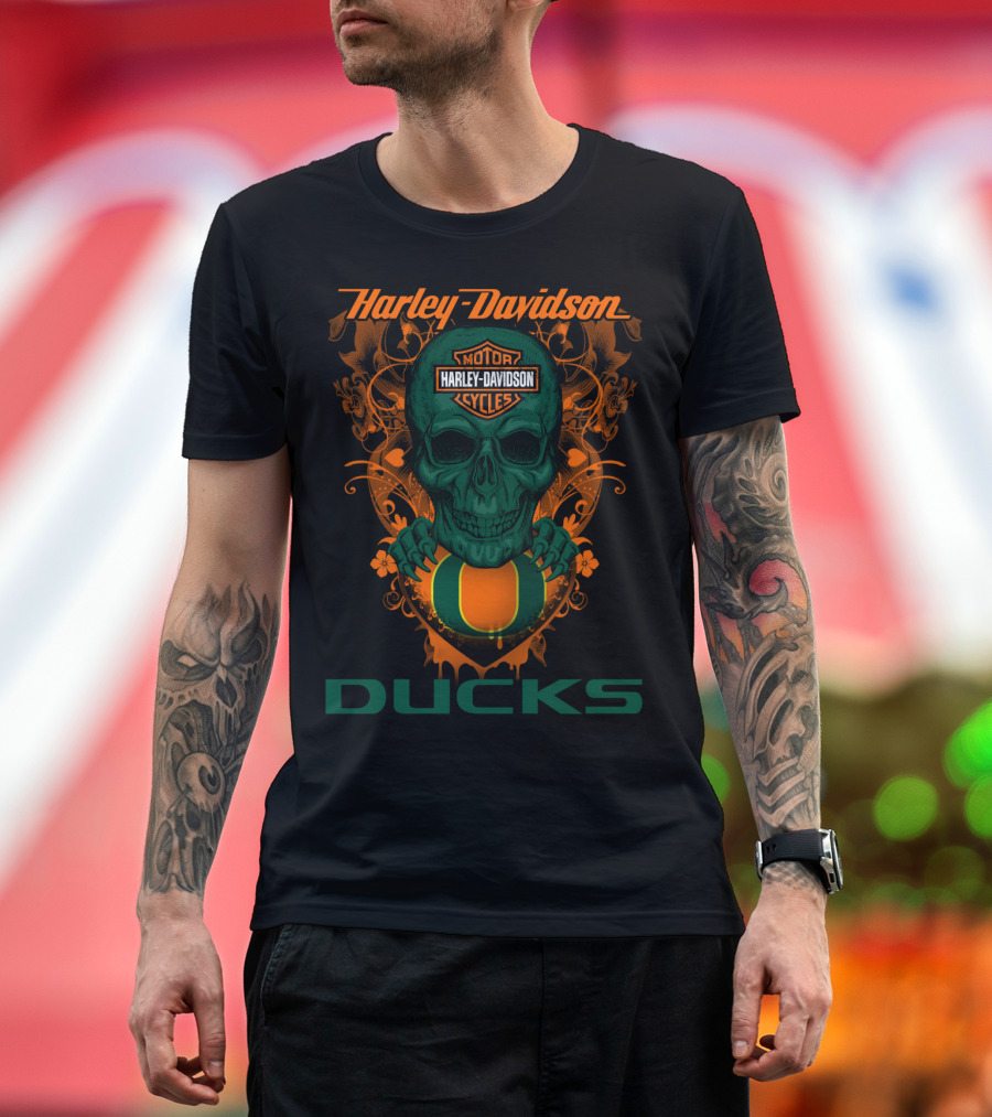 Harley Davidson Motorcycles Oregon Ducks Skulls T-Shirt