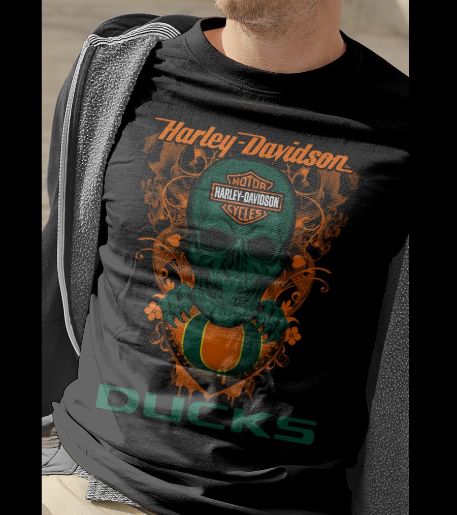 Harley Davidson Motorcycles Oregon Ducks Skulls T-Shirt