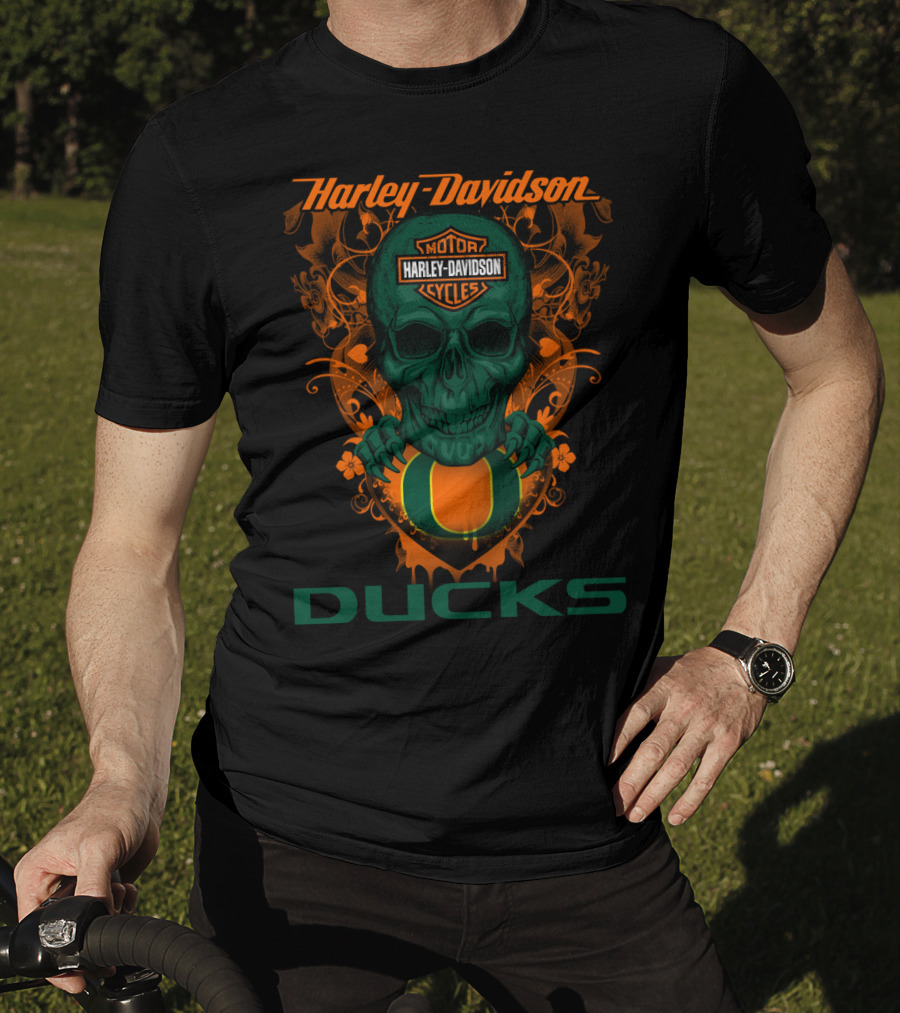 Harley Davidson Motorcycles Oregon Ducks Skulls T-Shirt