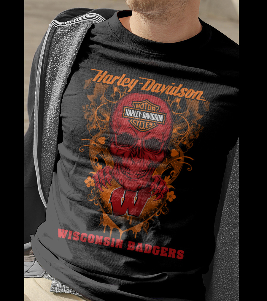 Harley Davidson Skull Motorcycles Wisconsin Badgers T-Shirt