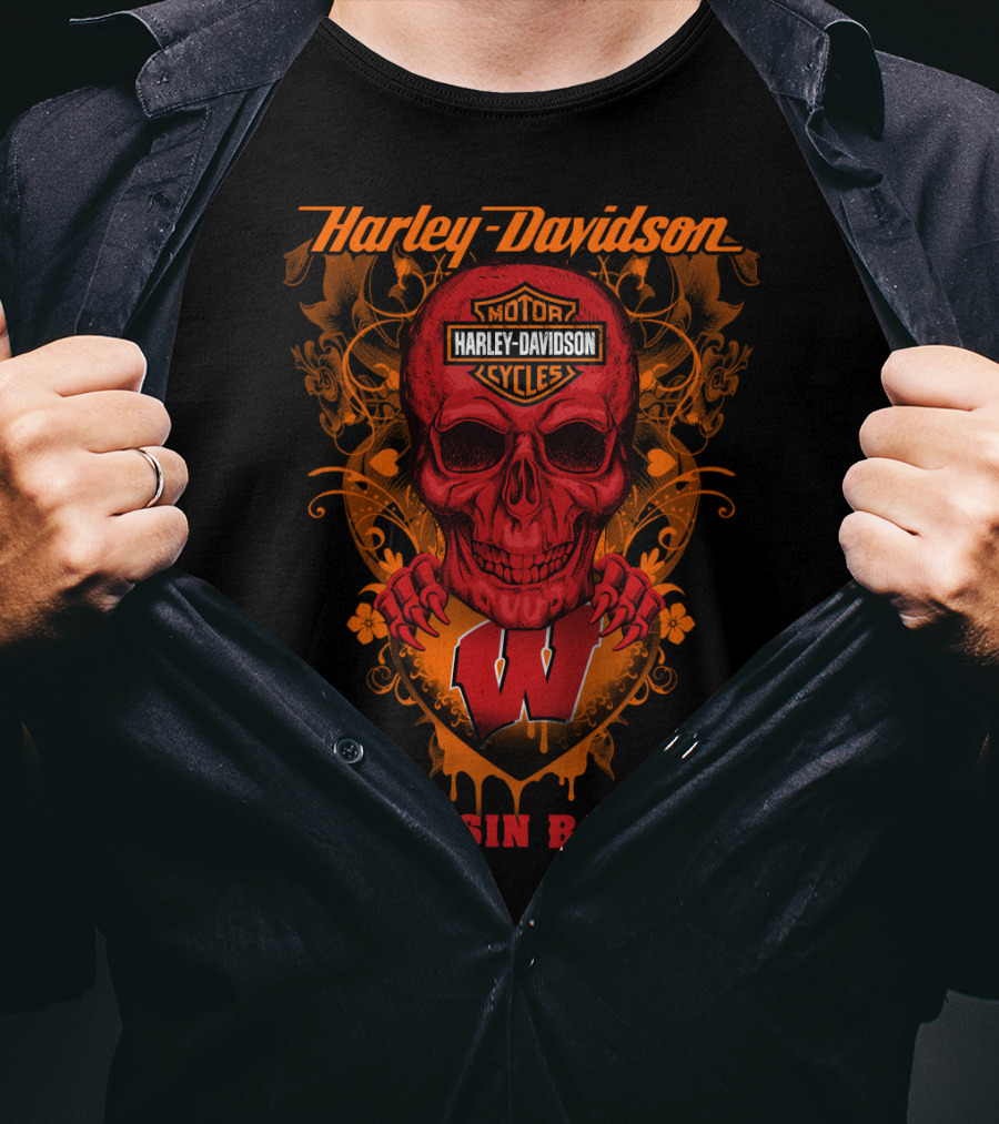 Harley Davidson Skull Motorcycles Wisconsin Badgers T-Shirt