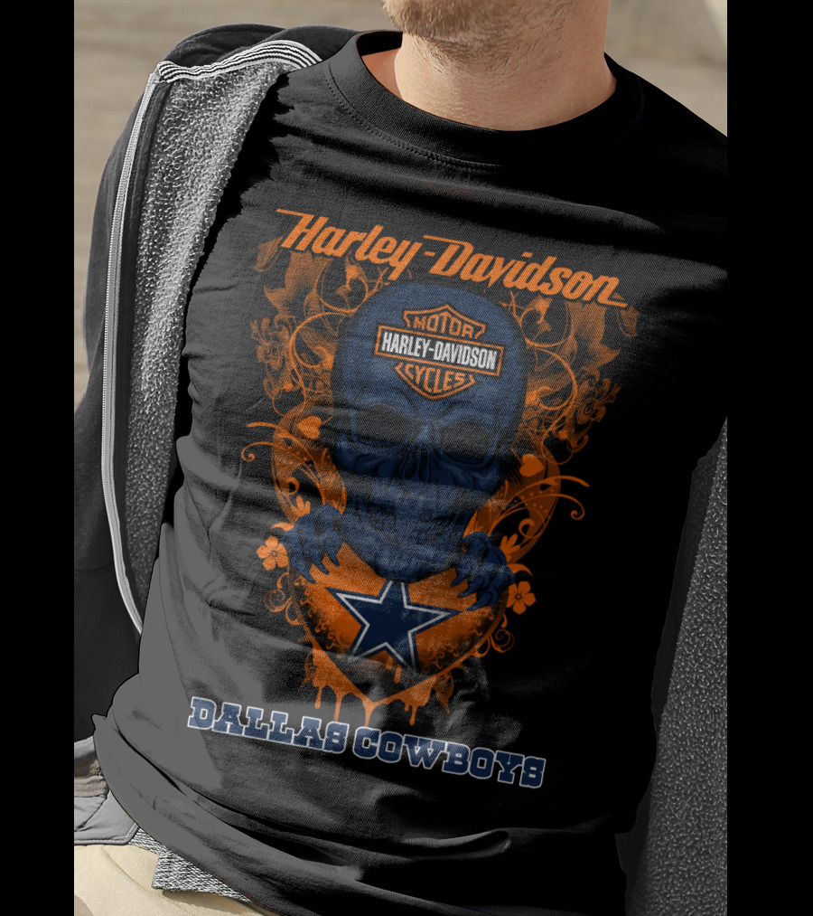 Harley Davidson Skull And Dallas Cowboys Blue Star T-Shirt