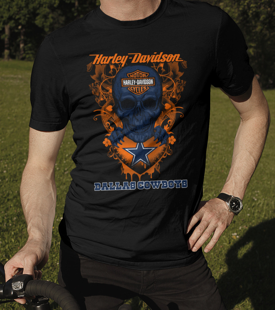 Harley Davidson Skull And Dallas Cowboys Blue Star T-Shirt
