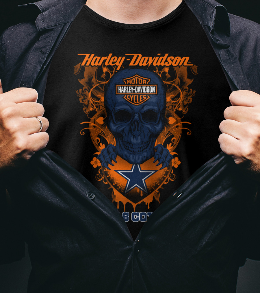 Harley Davidson Skull And Dallas Cowboys Blue Star T-Shirt