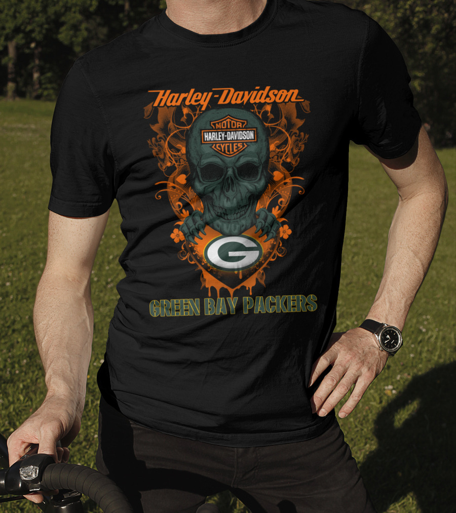 Harley Davidson Motor Cycles Skull Green Bay Packers T-Shirt