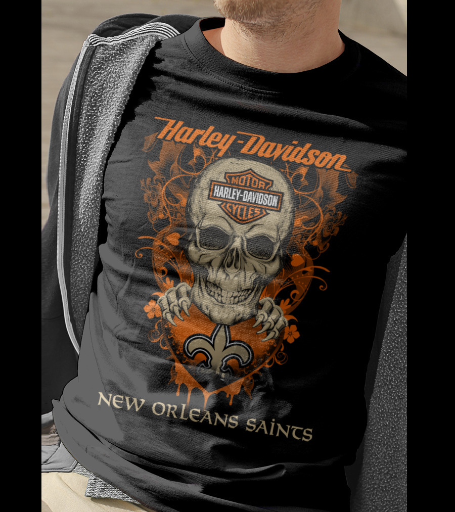 Harley Davidson New Orleans Saints Skull And Fleur-De-Lis T-Shirt