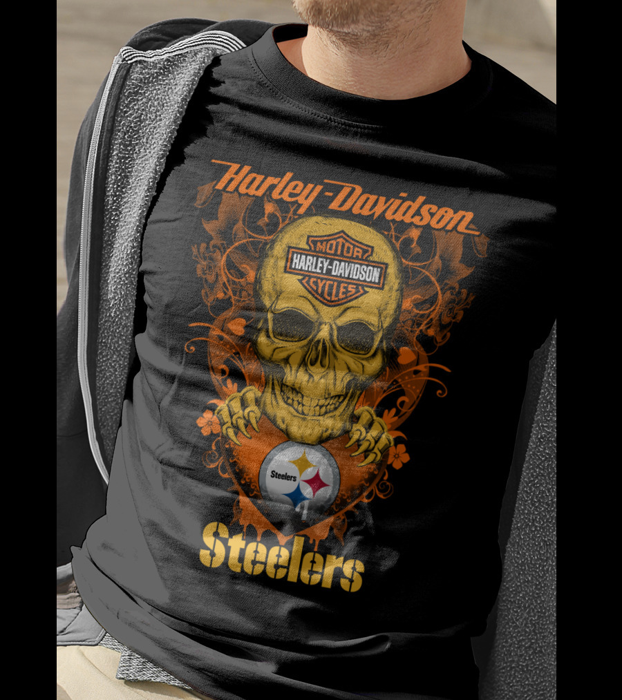Harley Davidson Motorcycles Skull With Pittsburgh Steelers T-Shirt