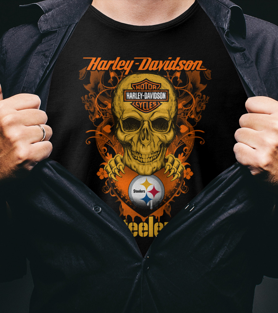 Harley Davidson Motorcycles Skull With Pittsburgh Steelers T-Shirt