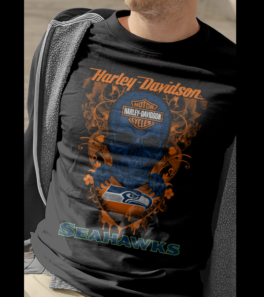 Harley Davidson Motor Cycles Seattle Seahawks Skull T-Shirt