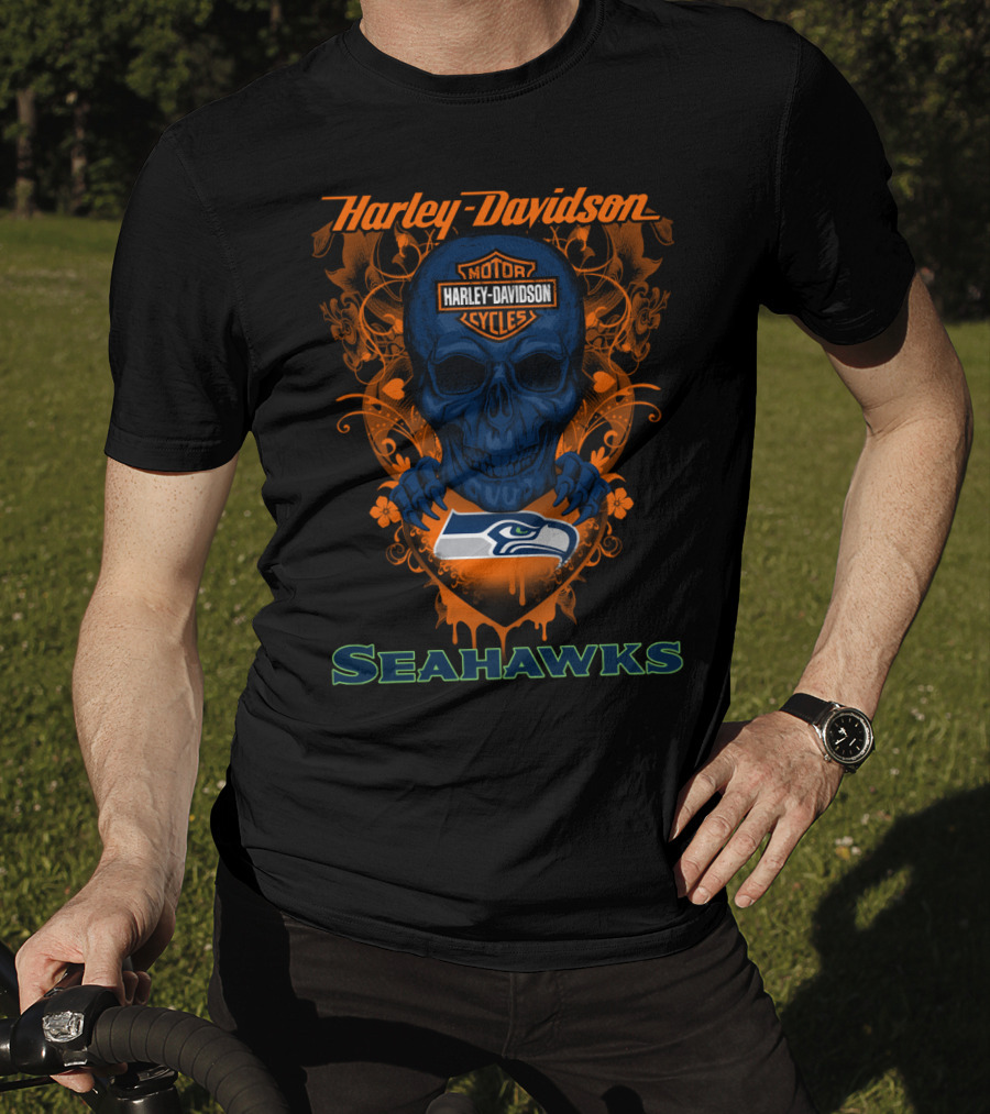 Harley Davidson Motor Cycles Seattle Seahawks Skull T-Shirt