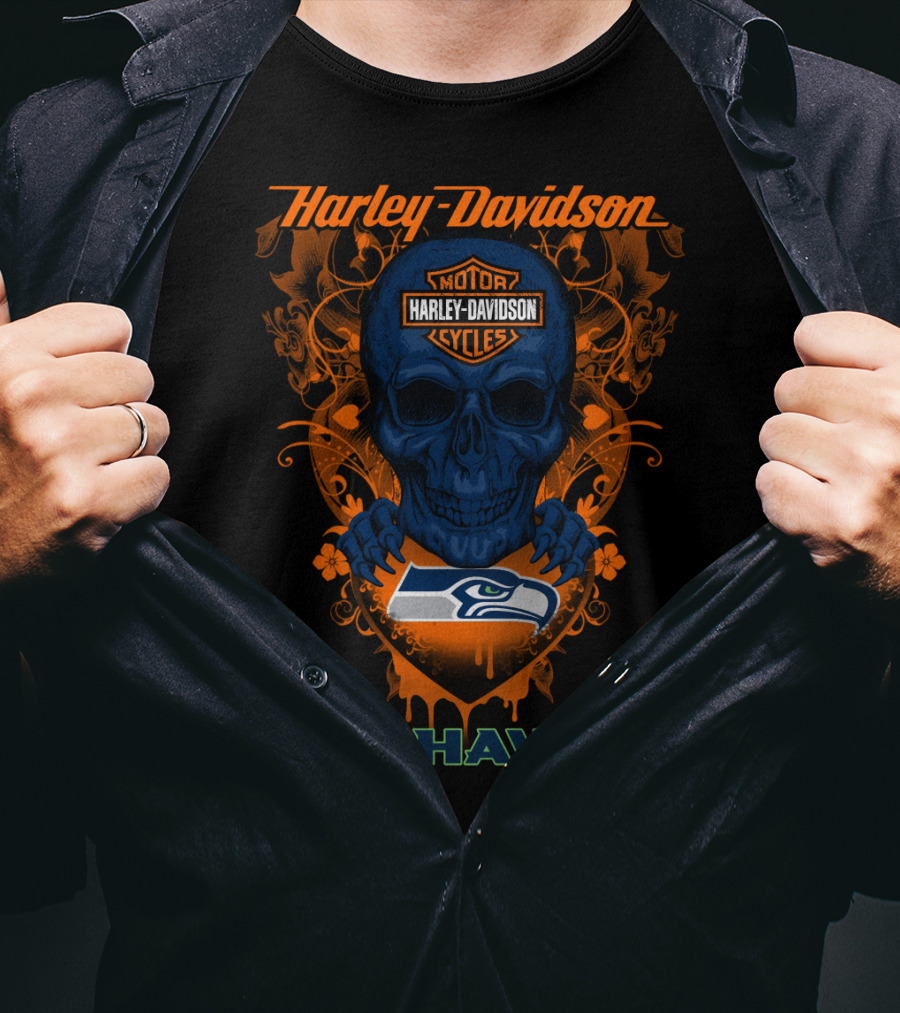 Harley Davidson Motor Cycles Seattle Seahawks Skull T-Shirt