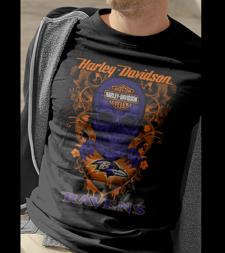 Harley Davidson Baltimore Ravens Skull Motor Cycles T-Shirt