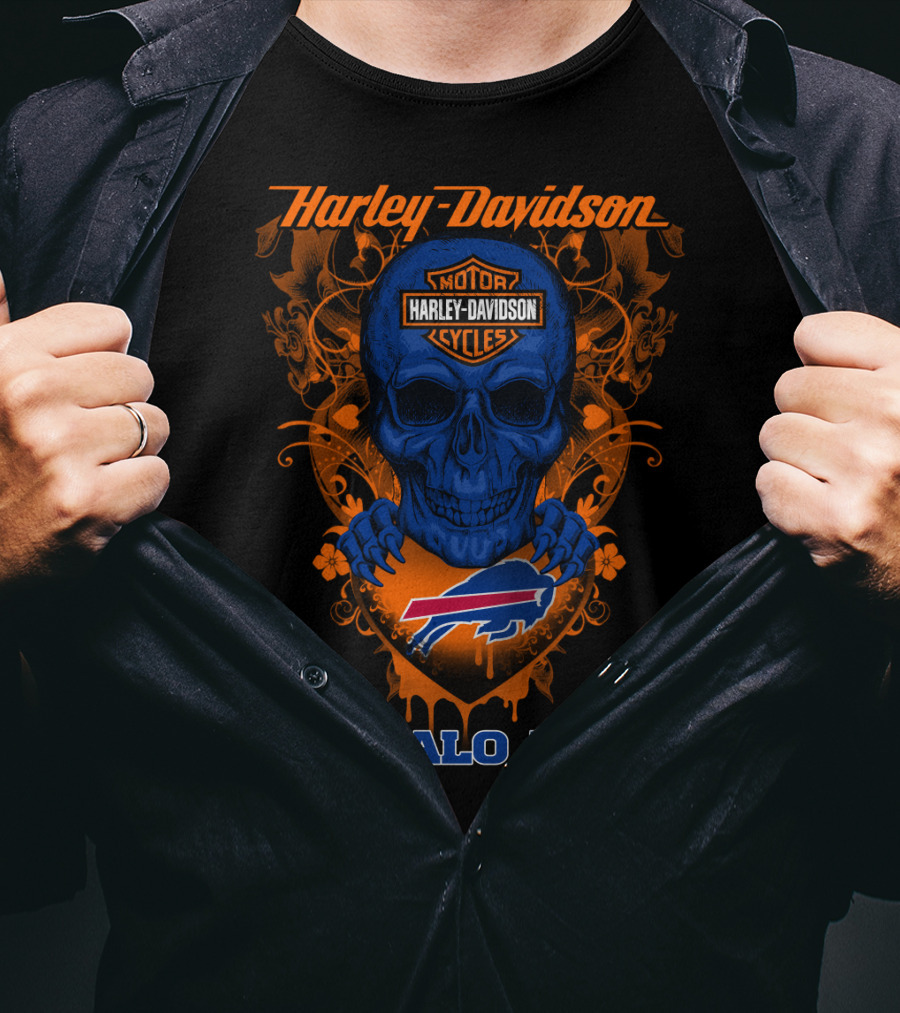Harley Davidson Motorcycles Buffalo Bills Nfl Skull And Shield T-Shirt