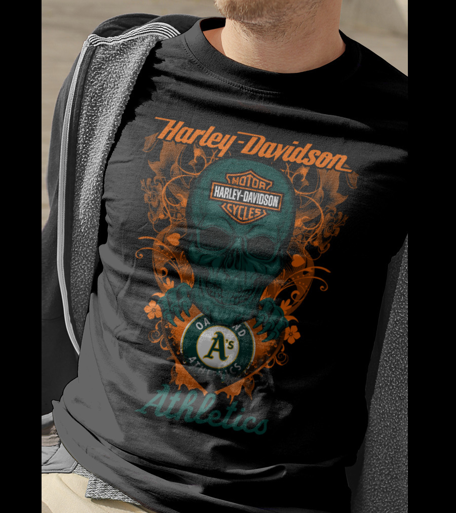 Harley Davidson Motor Cycles Skull Oakland Athletics T-Shirt