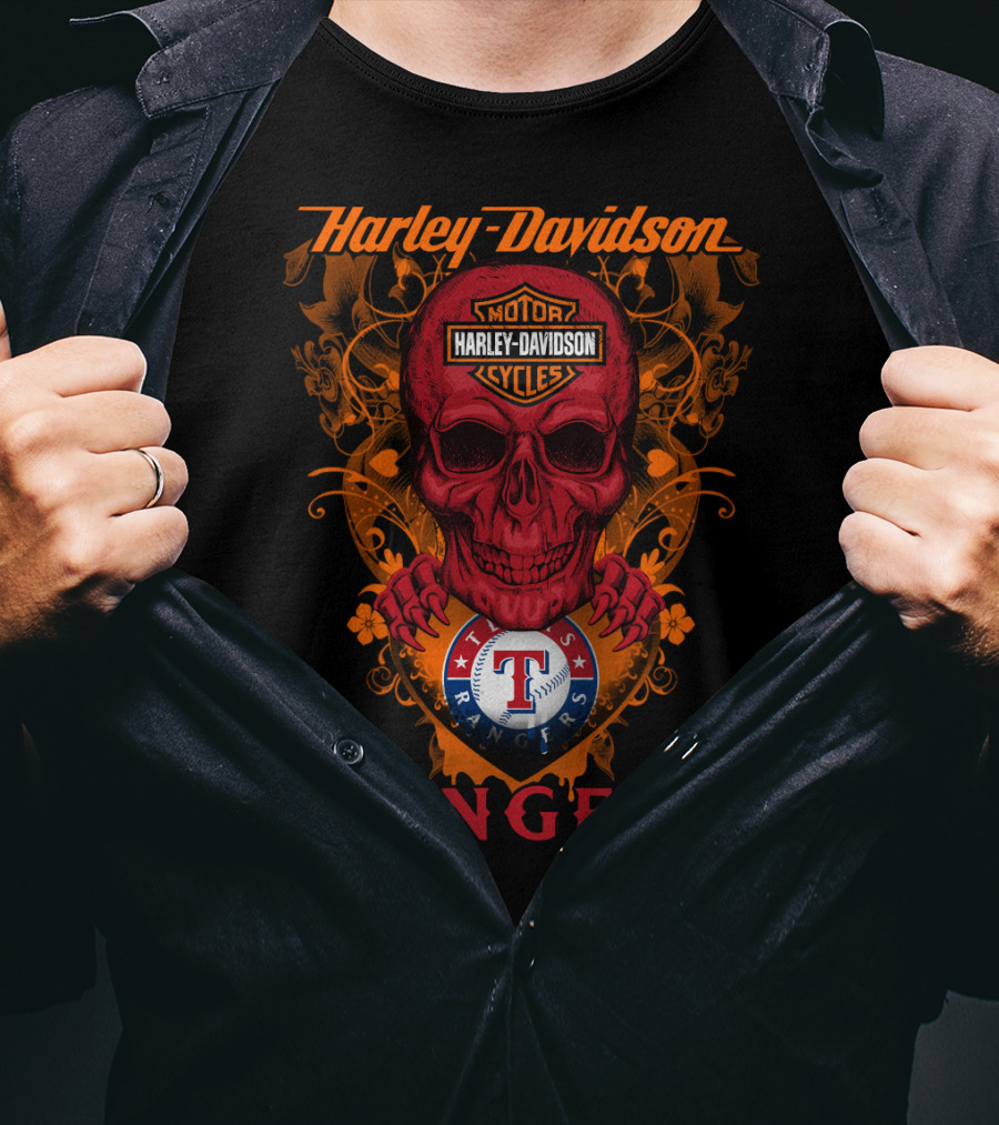Harley Davidson Motor Cycles Skull Texas Rangers Mlb T-Shirt