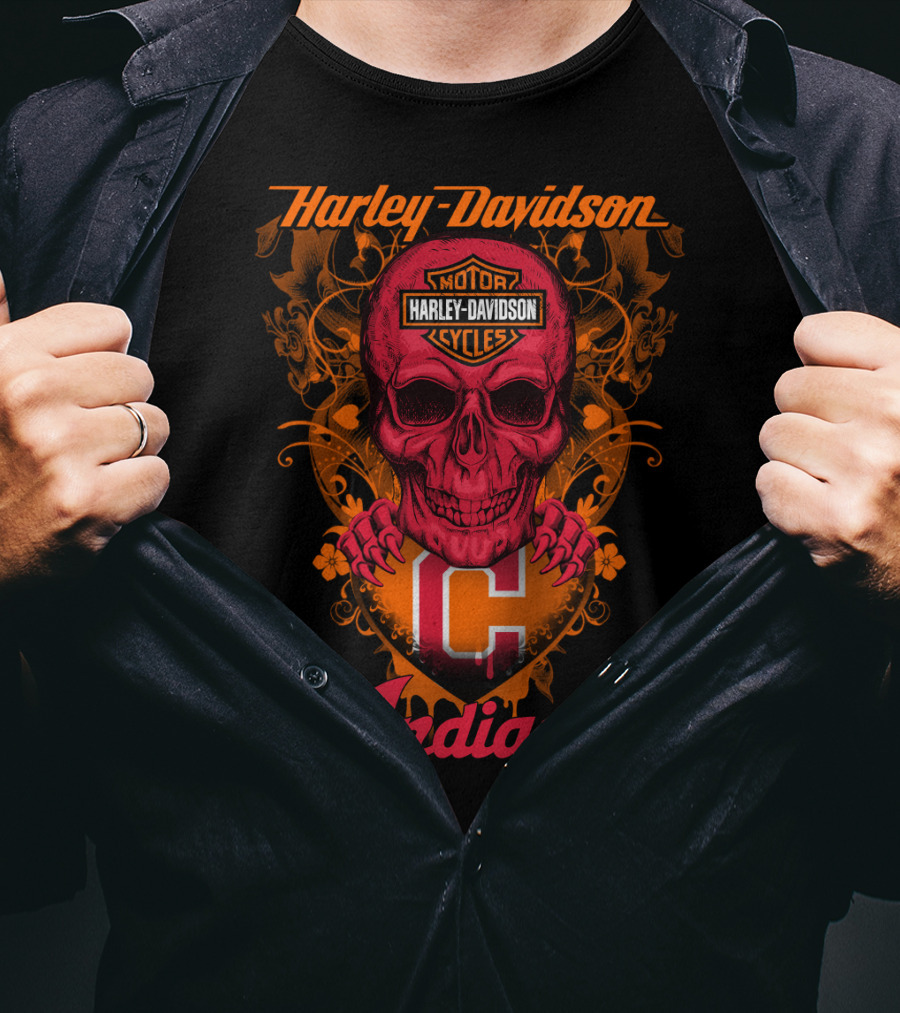 Harley Davidson Motor Cycles Skull Cleveland Indians T-Shirt