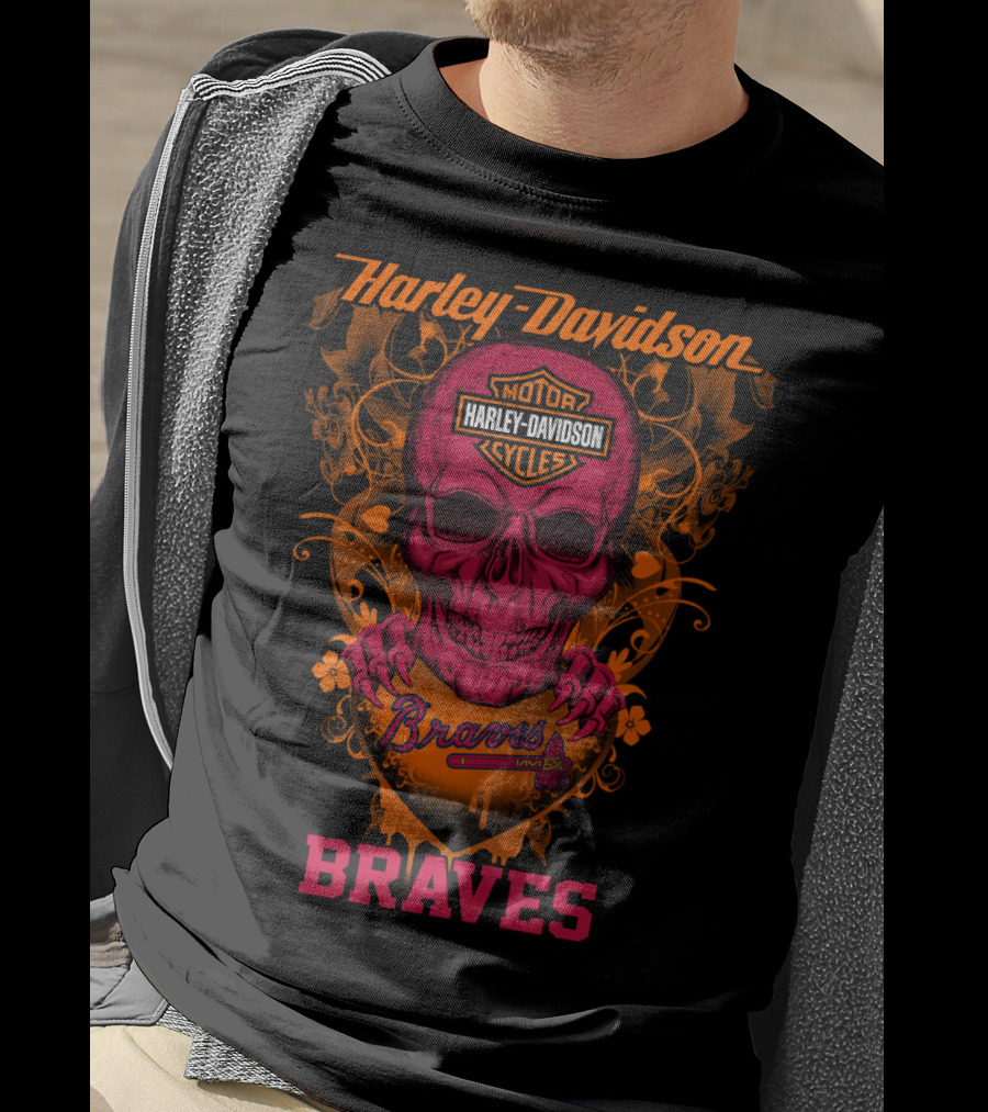 Harley Davidson Braves Skull Design With Motor Cycles T-Shirt