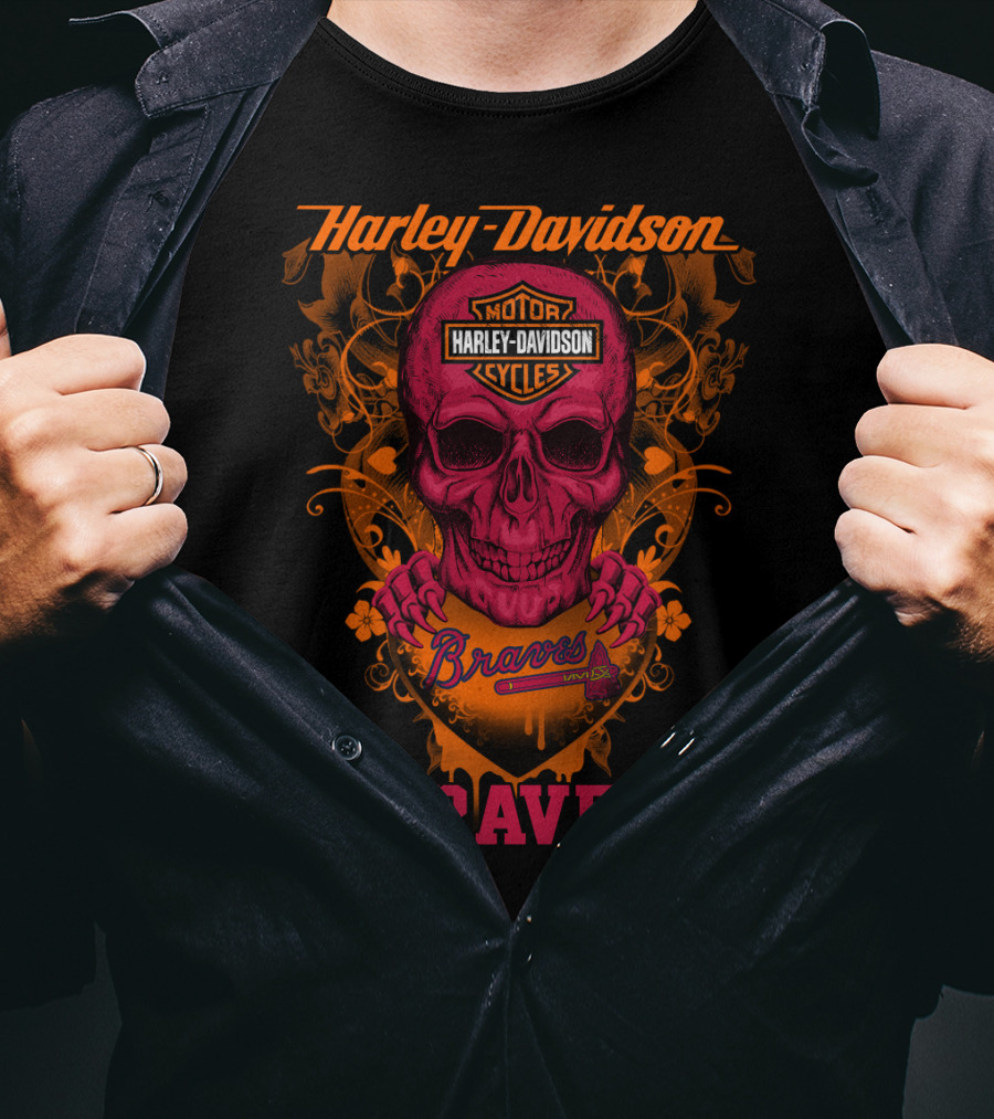 Harley Davidson Braves Skull Design With Motor Cycles T-Shirt