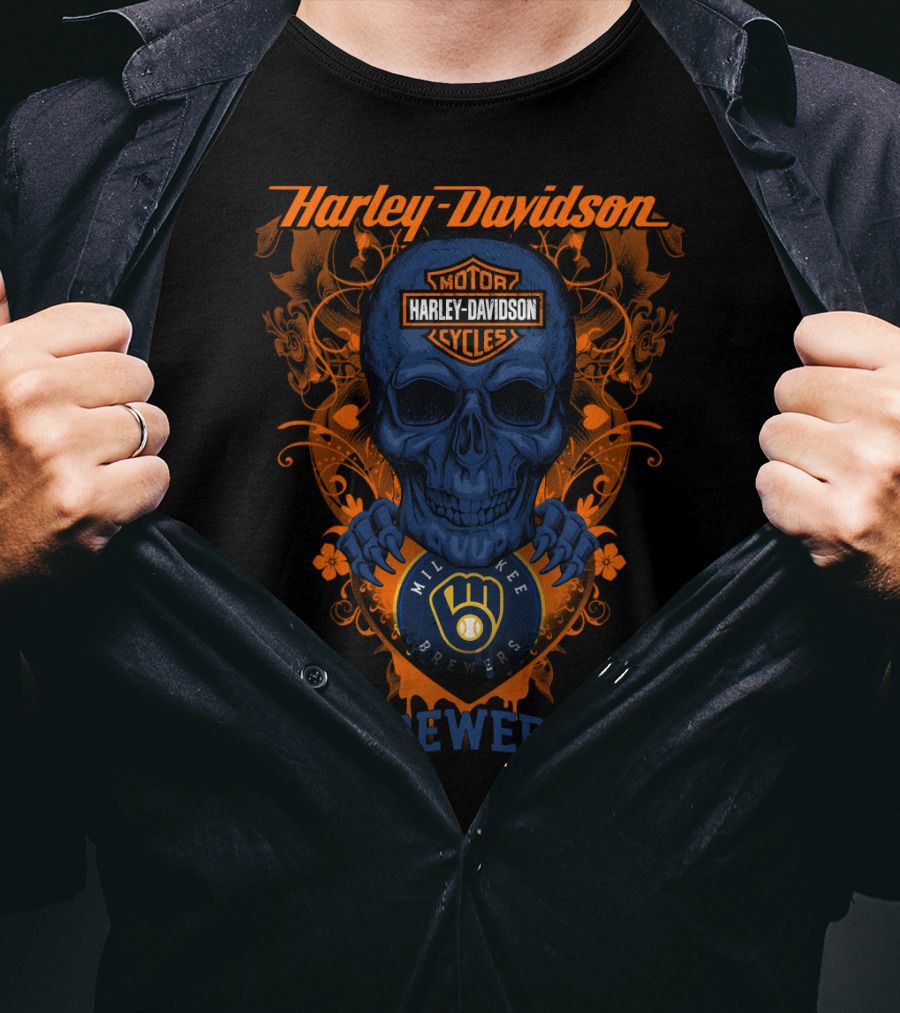 Harley Davidson Motorcycles Milwaukee Brewers Skull T-Shirt