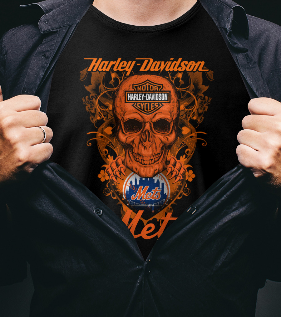 Harley Davidson Motor Cycles Skull New York Mets T-Shirt