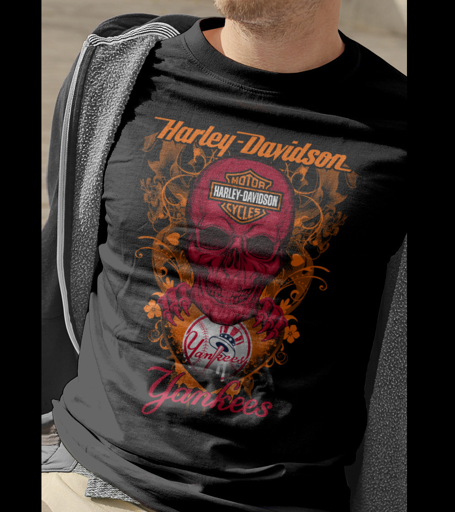Harley Davidson Motor Cycles Skull Yankees T-Shirt