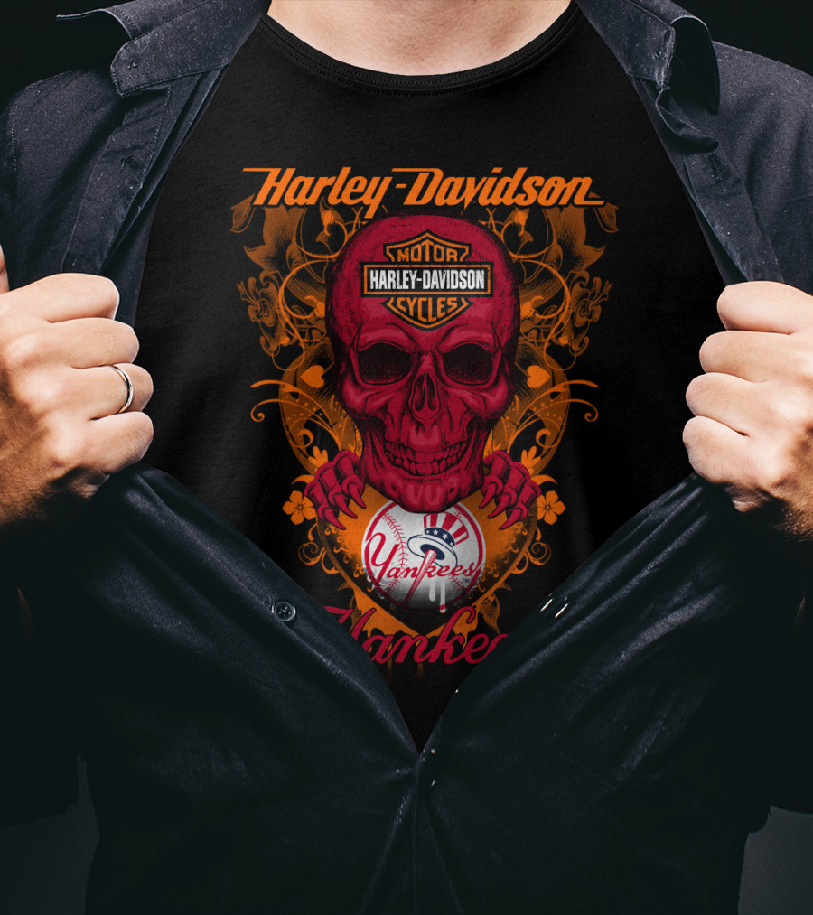 Harley Davidson Motor Cycles Skull Yankees T-Shirt
