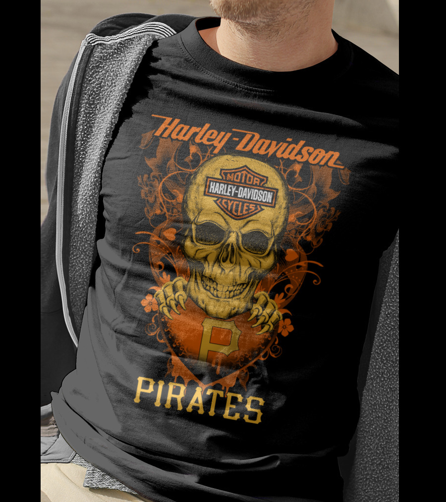 Harley Davidson Motor Cycles Skull Pittsburgh Pirates T-Shirt