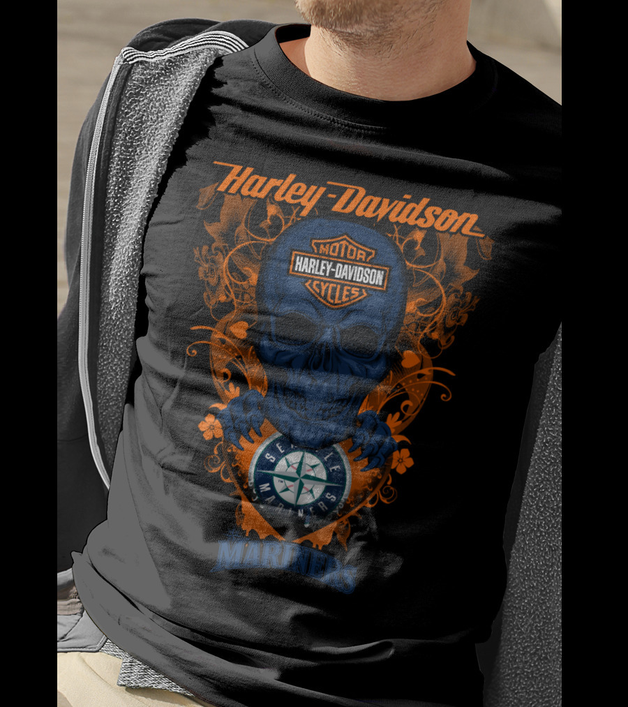 Harley Davidson Motor Cycles Seattle Mariners Skull T-Shirt