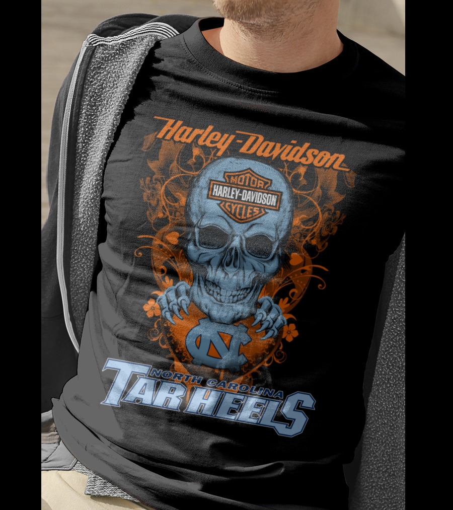 Harley Davidson Skull With North Carolina Tar Heels T-Shirt