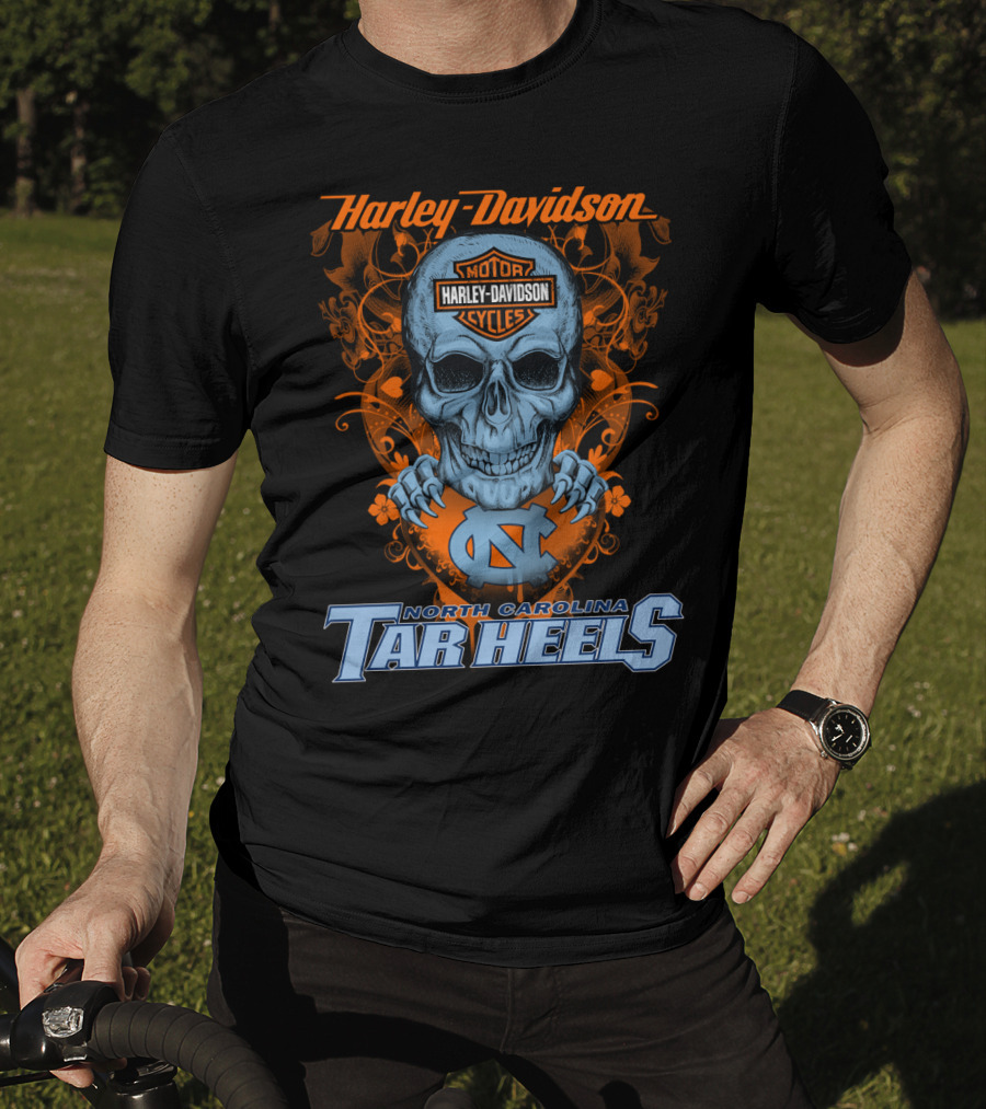 Harley Davidson Skull With North Carolina Tar Heels T-Shirt