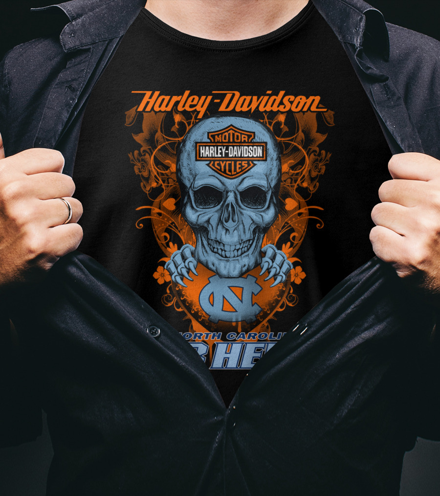 Harley Davidson Skull With North Carolina Tar Heels T-Shirt