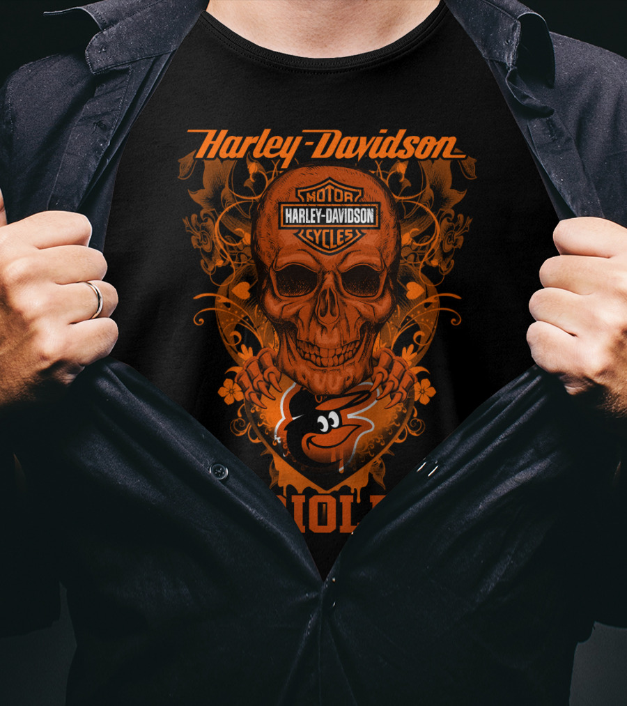 Harley Davidson Motor Cycles Orioles Skull T-Shirt