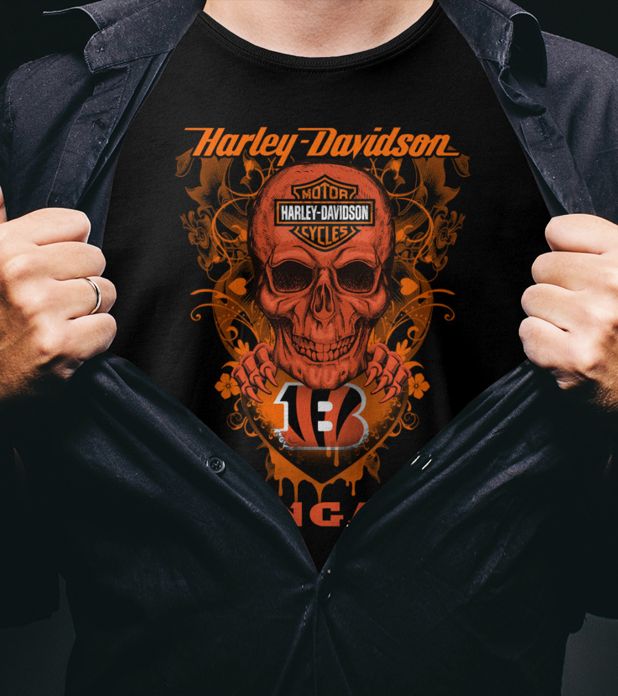 Harley Davidson Motor Cycles Skull Cincinnati Bengals T-Shirt